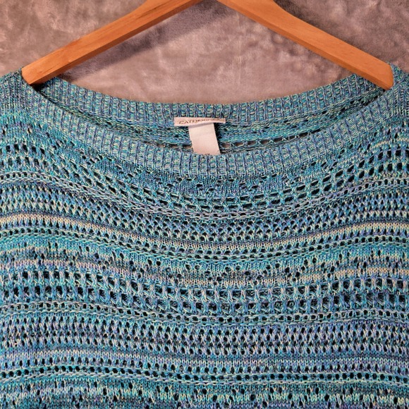 Catherines Womens 3X Blue Open Knit Short Sleeve Sweater Top Plus Size Textured - Picture 4 of 8
